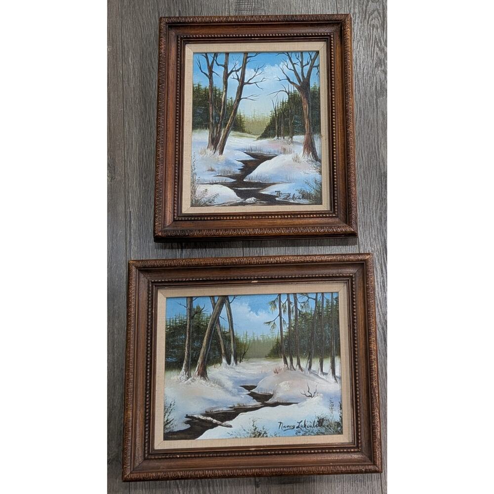 Pair Vintage Winter Landscape Oil Paintings Framed Snowy Creek Hecho en Mexico
